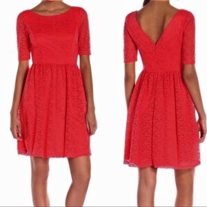 Jessica Simpson Lace Fit & Flare Sleeve Coral Bateau Neckline Summer Midi Dress